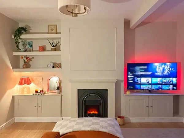 Custom alcove shelving and media wall built in Falkirk